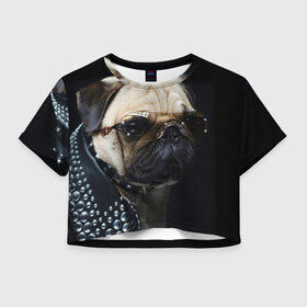 Женская футболка 3D укороченная с принтом Бульдог в очках в Белгороде, 100% полиэстер | круглая горловина, длина футболки до линии талии, рукава с отворотами | бульдог в очках | домашнее | животное | клепки | кожа | металлист | очки | пес | прикол | рокер | собака | умный | ученый | французский