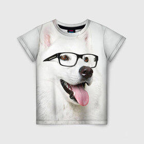 Детская футболка 3D с принтом Собака в очках в Белгороде, 100% гипоаллергенный полиэфир | прямой крой, круглый вырез горловины, длина до линии бедер, чуть спущенное плечо, ткань немного тянется | домашнее | животное | очки | пес | прикол | собака в очках | умный | ученый