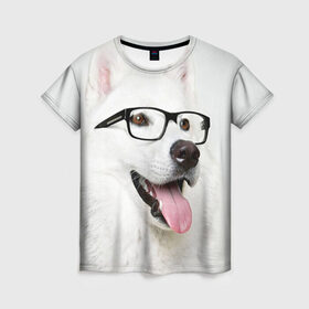 Женская футболка 3D с принтом Собака в очках в Белгороде, 100% полиэфир ( синтетическое хлопкоподобное полотно) | прямой крой, круглый вырез горловины, длина до линии бедер | домашнее | животное | очки | пес | прикол | собака в очках | умный | ученый