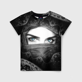 Детская футболка 3D с принтом Восточная девушка в Белгороде, 100% гипоаллергенный полиэфир | прямой крой, круглый вырез горловины, длина до линии бедер, чуть спущенное плечо, ткань немного тянется | взгляд | восточная девушка | глаза | красивая | никаб | орнамент | узоры | хиджаб