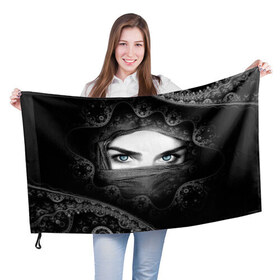 Флаг 3D с принтом Восточная девушка в Белгороде, 100% полиэстер | плотность ткани — 95 г/м2, размер — 67 х 109 см. Принт наносится с одной стороны | взгляд | восточная девушка | глаза | красивая | никаб | орнамент | узоры | хиджаб