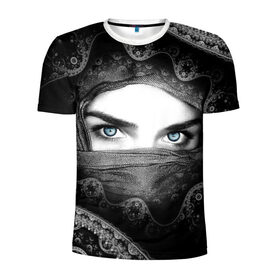 Мужская футболка 3D спортивная с принтом Восточная девушка в Белгороде, 100% полиэстер с улучшенными характеристиками | приталенный силуэт, круглая горловина, широкие плечи, сужается к линии бедра | взгляд | восточная девушка | глаза | красивая | никаб | орнамент | узоры | хиджаб