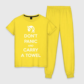Женская пижама хлопок с принтом Dont panic в Белгороде, 100% хлопок | брюки и футболка прямого кроя, без карманов, на брюках мягкая резинка на поясе и по низу штанин | автостопом по галактике