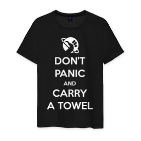 Мужская футболка хлопок с принтом Dont panic в Белгороде, 100% хлопок | прямой крой, круглый вырез горловины, длина до линии бедер, слегка спущенное плечо. | автостопом по галактике