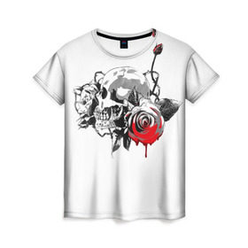 Женская футболка 3D с принтом Череп с розами в Белгороде, 100% полиэфир ( синтетическое хлопкоподобное полотно) | прямой крой, круглый вырез горловины, длина до линии бедер | готика | кровь | розы | череп | черно белое | шипы