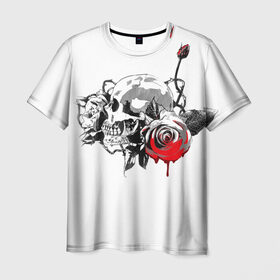 Мужская футболка 3D с принтом Череп с розами в Белгороде, 100% полиэфир | прямой крой, круглый вырез горловины, длина до линии бедер | Тематика изображения на принте: готика | кровь | розы | череп | черно белое | шипы