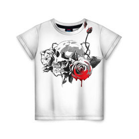 Детская футболка 3D с принтом Череп с розами в Белгороде, 100% гипоаллергенный полиэфир | прямой крой, круглый вырез горловины, длина до линии бедер, чуть спущенное плечо, ткань немного тянется | готика | кровь | розы | череп | черно белое | шипы