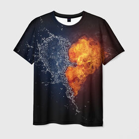 Мужская футболка 3D с принтом Water and flames heart в Белгороде, 100% полиэфир | прямой крой, круглый вырез горловины, длина до линии бедер | вода | огонь огонь и вода | пар | прикольное | разное | сердце