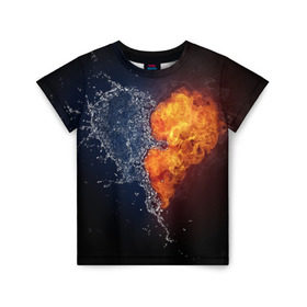 Детская футболка 3D с принтом Water and flames heart в Белгороде, 100% гипоаллергенный полиэфир | прямой крой, круглый вырез горловины, длина до линии бедер, чуть спущенное плечо, ткань немного тянется | Тематика изображения на принте: вода | огонь огонь и вода | пар | прикольное | разное | сердце