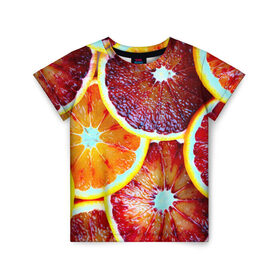 Детская футболка 3D с принтом Цитрус в Белгороде, 100% гипоаллергенный полиэфир | прямой крой, круглый вырез горловины, длина до линии бедер, чуть спущенное плечо, ткань немного тянется | апельсин | фрукты | цитрус