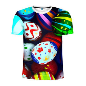 Мужская футболка 3D спортивная с принтом Пасха в Белгороде, 100% полиэстер с улучшенными характеристиками | приталенный силуэт, круглая горловина, широкие плечи, сужается к линии бедра | разноцветный | яйца | яркий