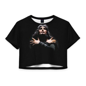 Женская футболка 3D укороченная с принтом Фредди Меркьюри в Белгороде, 100% полиэстер | круглая горловина, длина футболки до линии талии, рукава с отворотами | freddie mercury | queen. | автор песен | британский | вокалист | певец | рок группа | фредди меркьюри