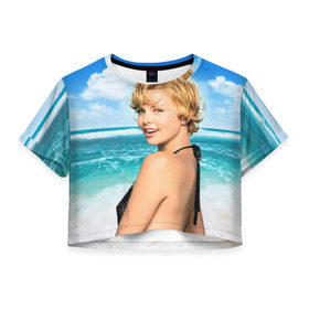 Женская футболка 3D укороченная с принтом Шарлиз Терон в Белгороде, 100% полиэстер | круглая горловина, длина футболки до линии талии, рукава с отворотами | charlize theron | американская | киноактриса | модель | шарлиз терон