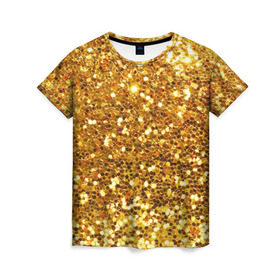 Женская футболка 3D с принтом Золотое мерцание в Белгороде, 100% полиэфир ( синтетическое хлопкоподобное полотно) | прямой крой, круглый вырез горловины, длина до линии бедер | зеркала | золотая россыпь | золото | золотое | мерцание | свет | яркий