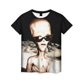 Женская футболка 3D с принтом Пришелец в Белгороде, 100% полиэфир ( синтетическое хлопкоподобное полотно) | прямой крой, круглый вырез горловины, длина до линии бедер | инопланетянин | космос | очки | пришелец