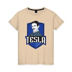 Женская футболка хлопок с принтом Никола Тесла в Белгороде, 100% хлопок | прямой крой, круглый вырез горловины, длина до линии бедер, слегка спущенное плечо | tesla