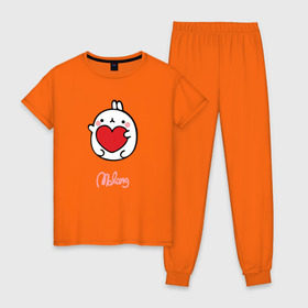Женская пижама хлопок с принтом Кролик Моланг (сердце) в Белгороде, 100% хлопок | брюки и футболка прямого кроя, без карманов, на брюках мягкая резинка на поясе и по низу штанин | molang | каваи | кролик | любовь | моланг | сердце