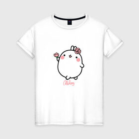 Женская футболка хлопок с принтом Кролик Моланг (цветы) в Белгороде, 100% хлопок | прямой крой, круглый вырез горловины, длина до линии бедер, слегка спущенное плечо | Тематика изображения на принте: molang | каваи | кролик | моланг | няша | цветы