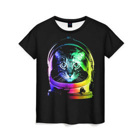 Женская футболка 3D с принтом Кот космонавт в Белгороде, 100% полиэфир ( синтетическое хлопкоподобное полотно) | прямой крой, круглый вырез горловины, длина до линии бедер | астронавт | звезды | космокот | космонавт | космос | кот | радуга