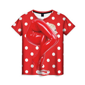 Женская футболка 3D с принтом Гибкость в Белгороде, 100% полиэфир ( синтетическое хлопкоподобное полотно) | прямой крой, круглый вырез горловины, длина до линии бедер | Тематика изображения на принте: белый | германия | гибкость | горошек | девушка | красный | латекс | юлия гюнтель