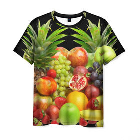 Мужская футболка 3D с принтом Фрукты в Белгороде, 100% полиэфир | прямой крой, круглый вырез горловины, длина до линии бедер | Тематика изображения на принте: ананас | апельсин | арбуз | банан | виноград | гранат | груша | клубника | фрукты | яблоко | ягоды