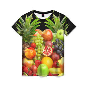 Женская футболка 3D с принтом Фрукты в Белгороде, 100% полиэфир ( синтетическое хлопкоподобное полотно) | прямой крой, круглый вырез горловины, длина до линии бедер | ананас | апельсин | арбуз | банан | виноград | гранат | груша | клубника | фрукты | яблоко | ягоды