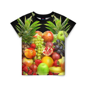 Детская футболка 3D с принтом Фрукты в Белгороде, 100% гипоаллергенный полиэфир | прямой крой, круглый вырез горловины, длина до линии бедер, чуть спущенное плечо, ткань немного тянется | ананас | апельсин | арбуз | банан | виноград | гранат | груша | клубника | фрукты | яблоко | ягоды