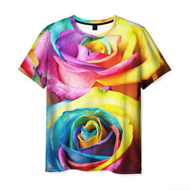 Мужская футболка 3D с принтом Радужная роза в Белгороде, 100% полиэфир | прямой крой, круглый вырез горловины, длина до линии бедер | Тематика изображения на принте: бутон | лепестки | радуга | радужная роза | спектр | цвет | цветные | яркий