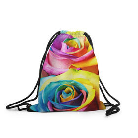 Рюкзак-мешок 3D с принтом Радужная роза в Белгороде, 100% полиэстер | плотность ткани — 200 г/м2, размер — 35 х 45 см; лямки — толстые шнурки, застежка на шнуровке, без карманов и подкладки | бутон | лепестки | радуга | радужная роза | спектр | цвет | цветные | яркий