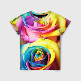 Детская футболка 3D с принтом Радужная роза в Белгороде, 100% гипоаллергенный полиэфир | прямой крой, круглый вырез горловины, длина до линии бедер, чуть спущенное плечо, ткань немного тянется | бутон | лепестки | радуга | радужная роза | спектр | цвет | цветные | яркий