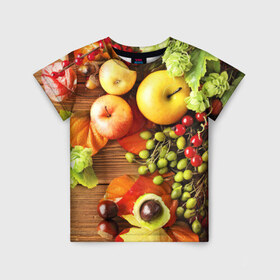 Детская футболка 3D с принтом Фрукты в Белгороде, 100% гипоаллергенный полиэфир | прямой крой, круглый вырез горловины, длина до линии бедер, чуть спущенное плечо, ткань немного тянется | зелень | натюрморт | плоды | фрукты | яблоки | ягоды
