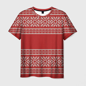 Мужская футболка 3D с принтом Вязанный принт в Белгороде, 100% полиэфир | прямой крой, круглый вырез горловины, длина до линии бедер | вышивка | красная | свитер | узор