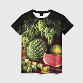 Женская футболка 3D с принтом Арбуз в Белгороде, 100% полиэфир ( синтетическое хлопкоподобное полотно) | прямой крой, круглый вырез горловины, длина до линии бедер | арбуз | виноград | каштан | натюрморт | плоды | ягоды