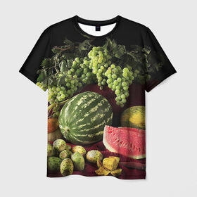 Мужская футболка 3D с принтом Арбуз в Белгороде, 100% полиэфир | прямой крой, круглый вырез горловины, длина до линии бедер | арбуз | виноград | каштан | натюрморт | плоды | ягоды