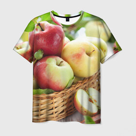 Мужская футболка 3D с принтом Яблоки в Белгороде, 100% полиэфир | прямой крой, круглый вырез горловины, длина до линии бедер | корзина | красные | яблоки