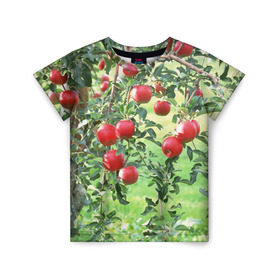 Детская футболка 3D с принтом Яблоки в Белгороде, 100% гипоаллергенный полиэфир | прямой крой, круглый вырез горловины, длина до линии бедер, чуть спущенное плечо, ткань немного тянется | Тематика изображения на принте: дерево | зелень | красные | сад | яблоки
