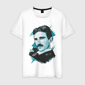 Мужская футболка хлопок с принтом Тесла в Белгороде, 100% хлопок | прямой крой, круглый вырез горловины, длина до линии бедер, слегка спущенное плечо. | графика | никола тесла | портрет | электричество