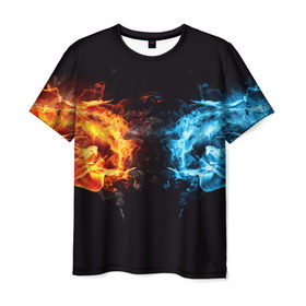 Мужская футболка 3D с принтом Лёд и пламя в Белгороде, 100% полиэфир | прямой крой, круглый вырез горловины, длина до линии бедер | вода | красный | лёд и пламя | огонь | руки | синий | столкновение | удар