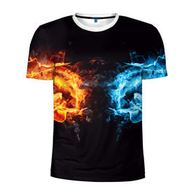 Мужская футболка 3D спортивная с принтом Лёд и пламя в Белгороде, 100% полиэстер с улучшенными характеристиками | приталенный силуэт, круглая горловина, широкие плечи, сужается к линии бедра | вода | красный | лёд и пламя | огонь | руки | синий | столкновение | удар