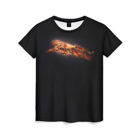 Женская футболка 3D с принтом Ягуар в Белгороде, 100% полиэфир ( синтетическое хлопкоподобное полотно) | прямой крой, круглый вырез горловины, длина до линии бедер | бег | желтый | кот | кошка | красный | огненный | прыжок | свет | светящийся | темный | черный | ягуар | яркое