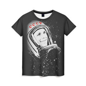 Женская футболка 3D с принтом Гагарин 6 в Белгороде, 100% полиэфир ( синтетическое хлопкоподобное полотно) | прямой крой, круглый вырез горловины, длина до линии бедер | 12 апреля | гагарин | день космонавтики | космонавт | космонавтика | космос | юра | юрий