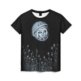 Женская футболка 3D с принтом Гагарин 7 в Белгороде, 100% полиэфир ( синтетическое хлопкоподобное полотно) | прямой крой, круглый вырез горловины, длина до линии бедер | 12 апреля | гагарин | день космонавтики | космонавт | космонавтика | космос | юра | юрий