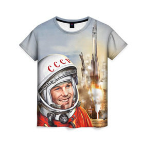 Женская футболка 3D с принтом Гагарин 8 в Белгороде, 100% полиэфир ( синтетическое хлопкоподобное полотно) | прямой крой, круглый вырез горловины, длина до линии бедер | 12 апреля | гагарин | день космонавтики | космонавт | космонавтика | космос | юра | юрий