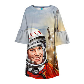 Детское платье 3D с принтом Гагарин 8 в Белгороде, 100% полиэстер | прямой силуэт, чуть расширенный к низу. Круглая горловина, на рукавах — воланы | Тематика изображения на принте: 12 апреля | гагарин | день космонавтики | космонавт | космонавтика | космос | юра | юрий