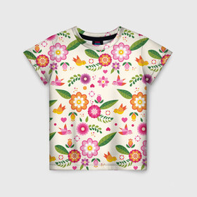 Детская футболка 3D с принтом Весенние настроение в Белгороде, 100% гипоаллергенный полиэфир | прямой крой, круглый вырез горловины, длина до линии бедер, чуть спущенное плечо, ткань немного тянется | весна | птицы | цветы