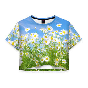 Женская футболка 3D укороченная с принтом Ромашки в Белгороде, 100% полиэстер | круглая горловина, длина футболки до линии талии, рукава с отворотами | луг | цветы
