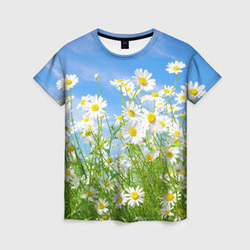 Женская футболка 3D с принтом Ромашки в Белгороде, 100% полиэфир ( синтетическое хлопкоподобное полотно) | прямой крой, круглый вырез горловины, длина до линии бедер | луг | цветы