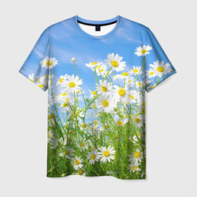 Мужская футболка 3D с принтом Ромашки в Белгороде, 100% полиэфир | прямой крой, круглый вырез горловины, длина до линии бедер | луг | цветы