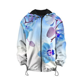 Детская куртка 3D с принтом Голубая орхидея в Белгороде, 100% полиэстер | застежка — молния, подол и капюшон оформлены резинкой с фиксаторами, по бокам — два кармана без застежек, один потайной карман на груди, плотность верхнего слоя — 90 г/м2; плотность флисового подклада — 260 г/м2 | Тематика изображения на принте: голубая орхидея | красота | орхидеи | природа | цветок | цветочек | цветы