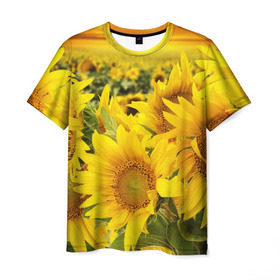 Мужская футболка 3D с принтом Подсолнухи в Белгороде, 100% полиэфир | прямой крой, круглый вырез горловины, длина до линии бедер | желтый | солнце | цветок | яркий